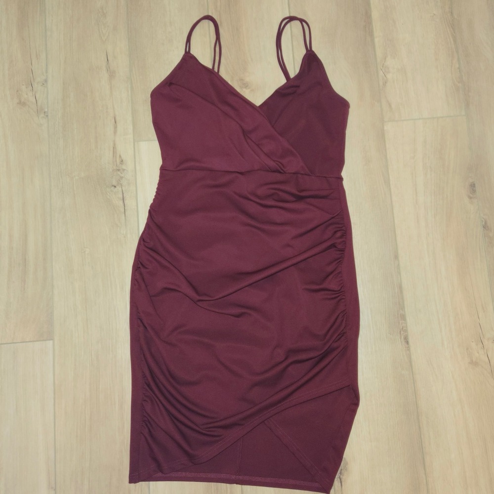 Burgundy Ruched Bodycon Dress Double Spaghetti Strap Tulip Hem Mini Large